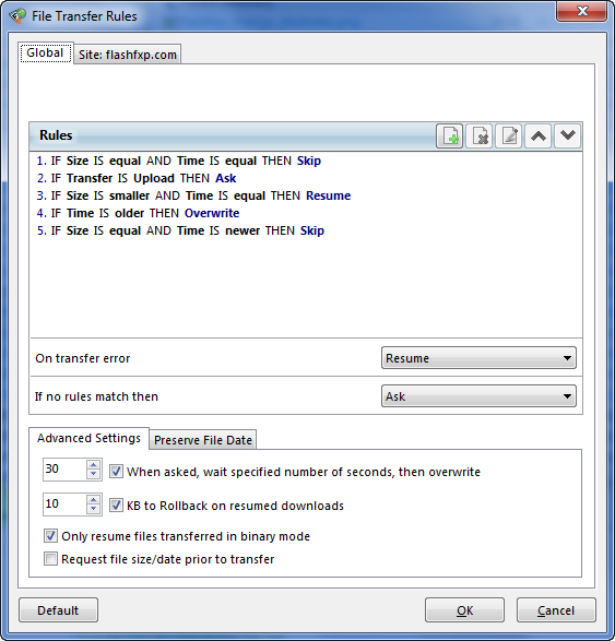 FlashFXP | File Transfer Rules dialog